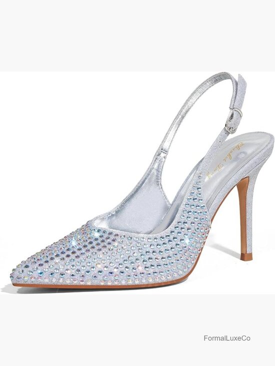 Shoes - 3.7" Adjustable Slingback Pumps Pointed Toe Stilettos Rhinestone Heels Wedding